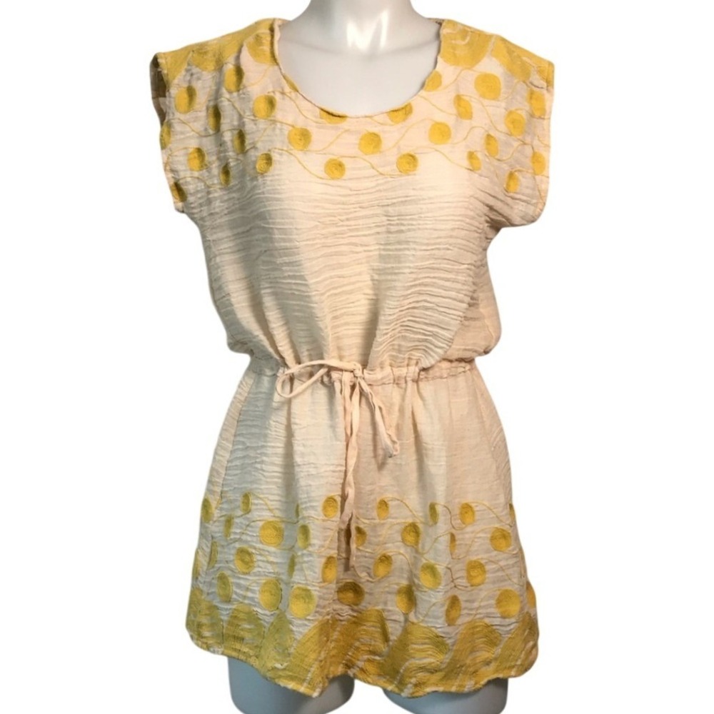 YELLOW & CREAM WAIST TIE EMBROIDERED BLOUSE